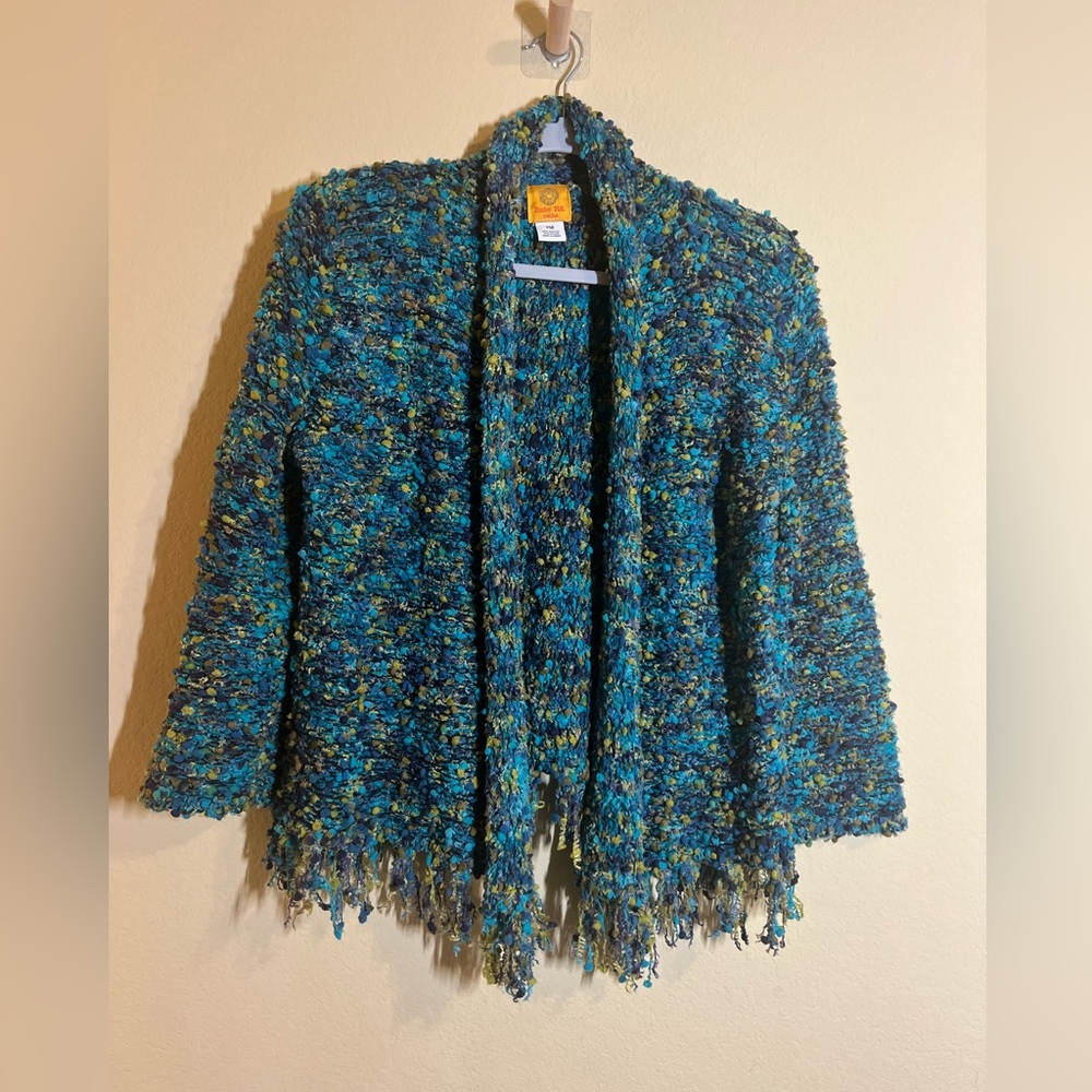 Ruby Rd. Blue and Green Fuzzy Fringe Jacket